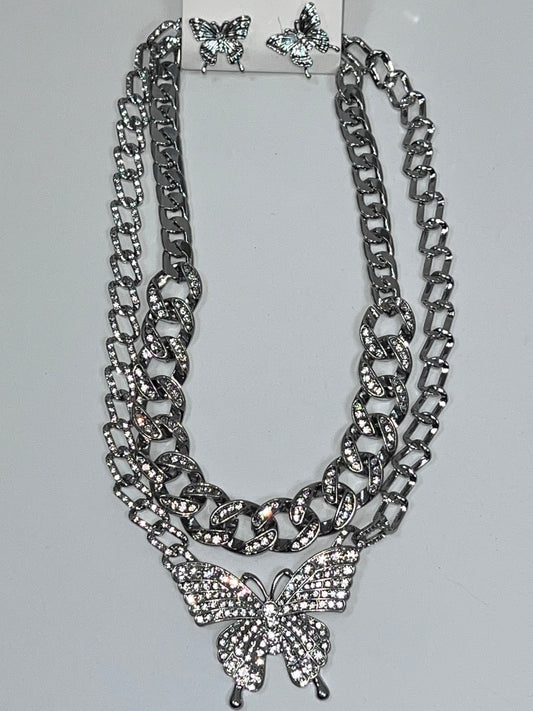 Butterfly double chains earrings set - silver