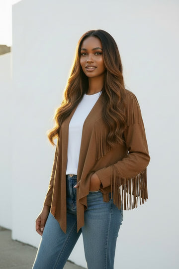 Women’s Soft Suede Fringe Jacket | Fashion Jade Coats & Jackets Fashion Jade Small Brown