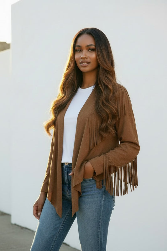 Women’s Soft Suede Fringe Jacket | Fashion Jade Coats & Jackets Fashion Jade Small Brown