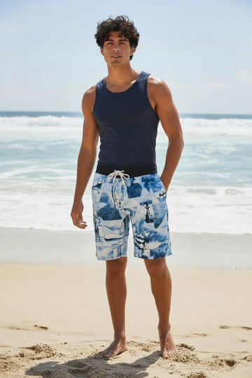 Men’s Coastal Print Swim Trunks | Fashion Jade Swimwear Fashion Jade Blue Small