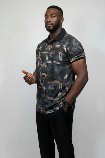 Men’s Luxury Print Short‑Sleeve Polo | Fashion Jade Shirts Fashion Jade Gold/Black Small