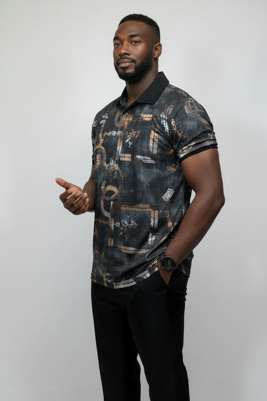 Men’s Luxury Print Short‑Sleeve Polo | Fashion Jade Shirts Fashion Jade Gold/Black Small