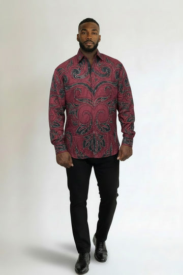 Men’s Baroque Print Button‑Up Shirt | Fashion Jade Shirts Fashion Jade Red Small