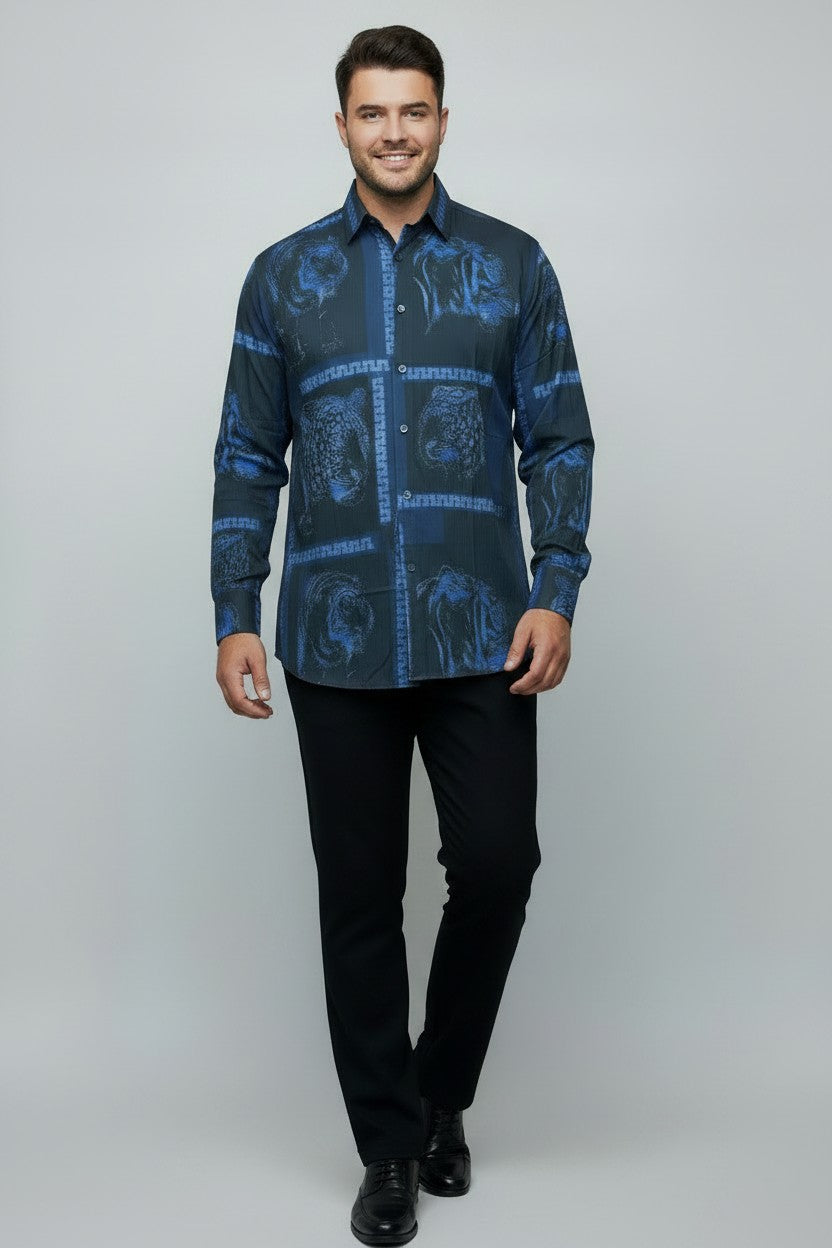 Men’s Leopard Head Satin Print Shirt | Fashion Jade Shirts Fashion Jade Blue Small