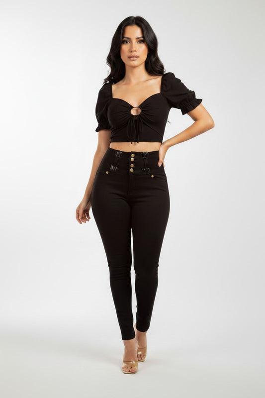 Women's Gold Button Fly Black Skinny Denim Jean | Fashion Jade Pants Fashion Jade 0 Black