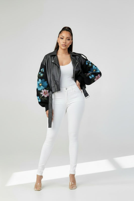 Women’s Floral Embroidered Leather Moto Jacket | Fashion Jade Jacket Fashion Jade Small Black