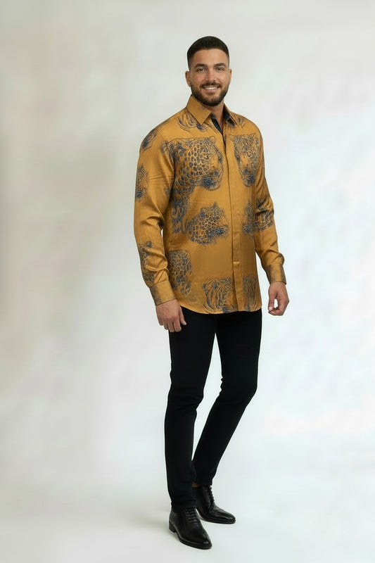 Men’s Leopard Head Satin Print Shirt | Fashion Jade Shirts Fashion Jade Gold Small