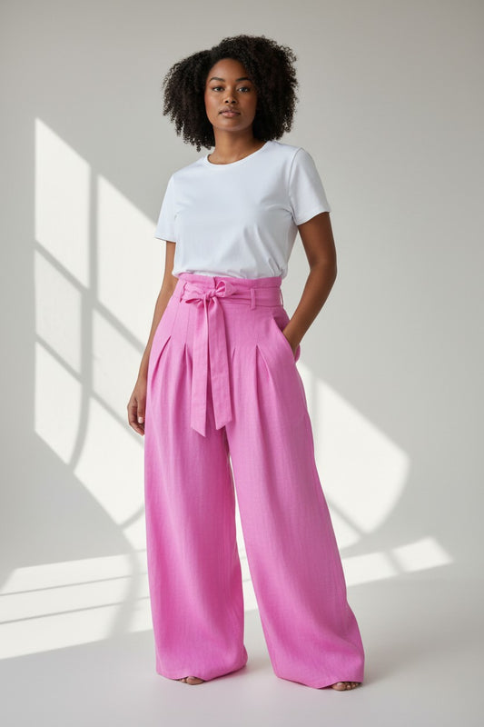 Women's Wide Leg High Waist Linen Pants| Fashion Jade Pants Fashion Jade Small Pink