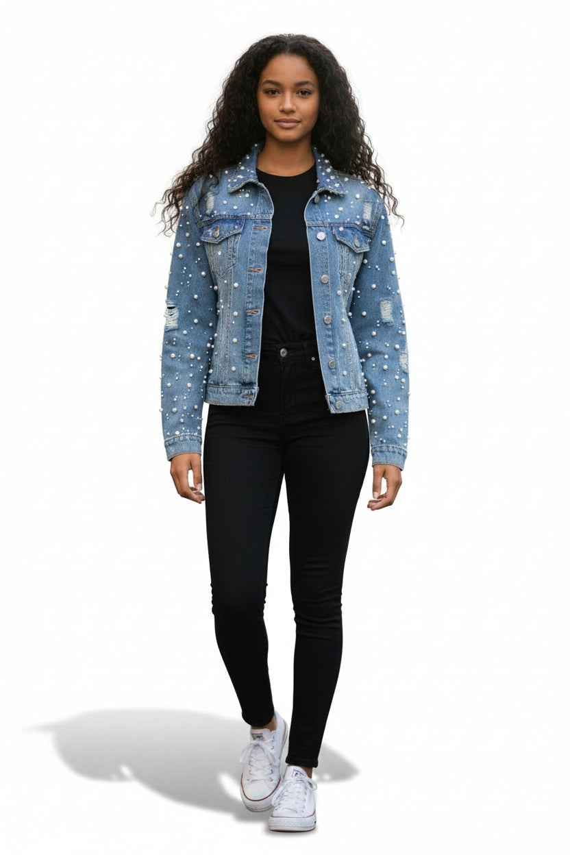 Women's Pearl Embroidered Denim Jacket | Fashion Jade Coats & Jackets Fashion Jade Small Blue