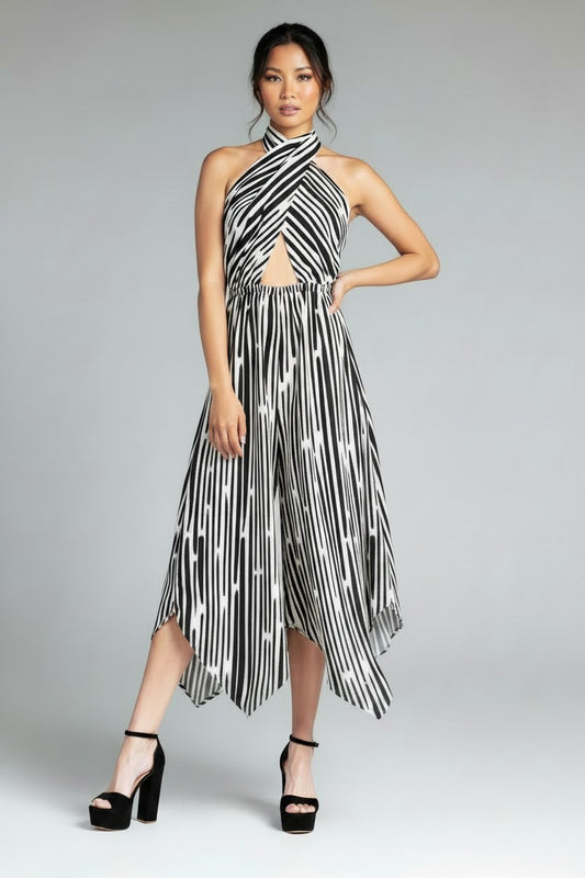 Women’s Bold Stripe Wrap Halter Midi Jumpsuit | Fashion Jade Jumpsuit Fashion Jade S Black