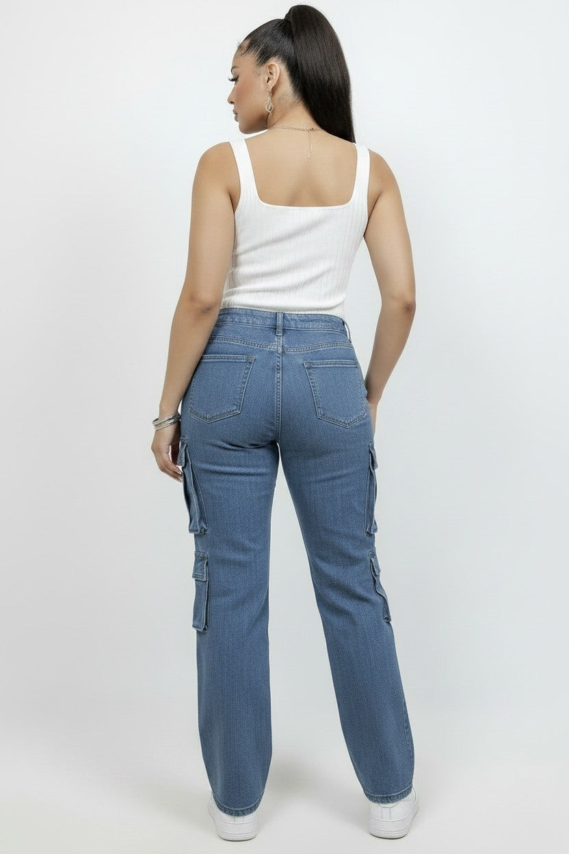High Rise Medium Wash Straight Leg Cargo Jeans| Fashion jade Pants Fashion Jade