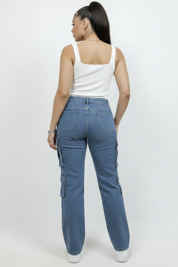 High Rise Medium Wash Straight Leg Cargo Jeans| Fashion jade Pants Fashion Jade