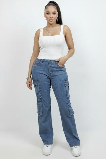 High Rise Medium Wash Straight Leg Cargo Jeans| Fashion jade Pants Fashion Jade S Blue Machine washable