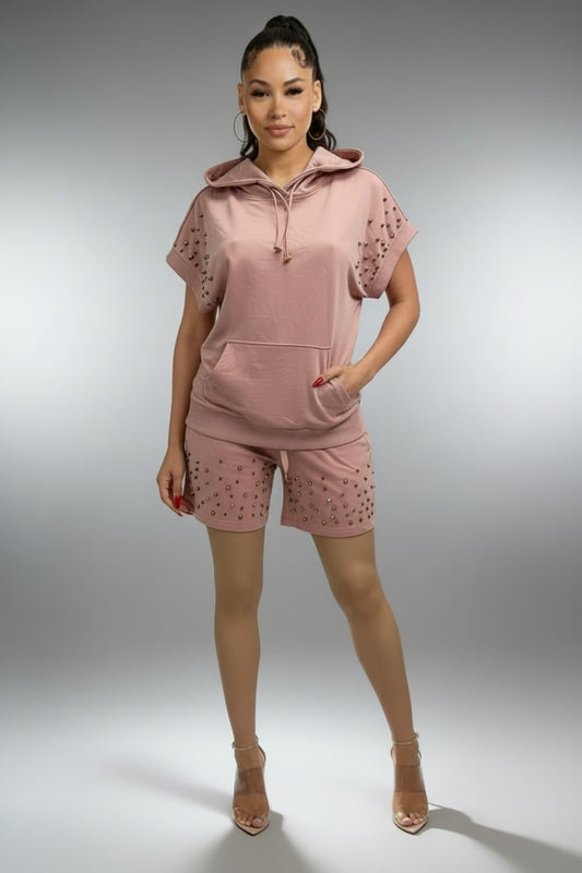 Women’s Pearl‑Studded Hoodie Lounge Short Set | Fashion Jade Outfit Sets Fashion Jade Small Pink