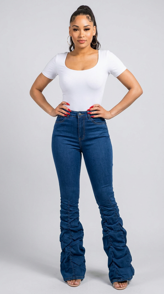 Women's Ruched Flare Jeans – Sculpted Fit, Effortless Style | Fashion Jade Pants Fashion Jade SMALL Blue