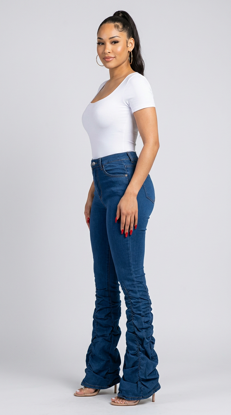 Women's Ruched Flare Jeans – Sculpted Fit, Effortless Style | Fashion Jade Pants Fashion Jade
