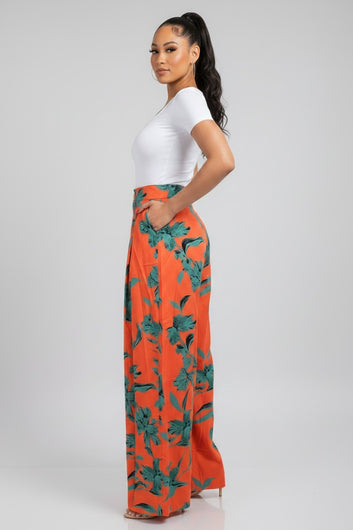 Women's Tropical Satin Wide‑Leg Pants | Fashion Jade Pants Fashion Jade