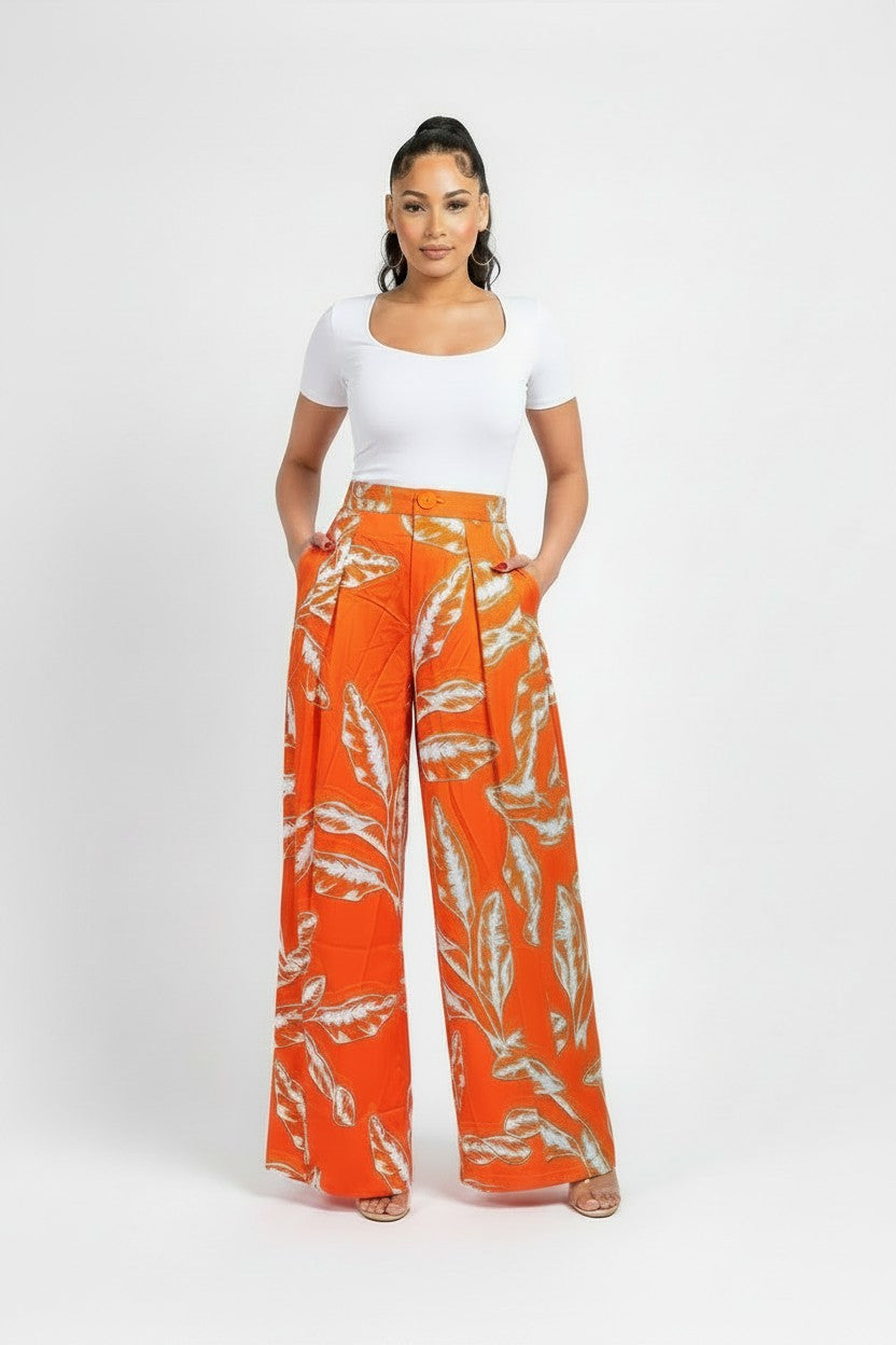 Women's Tropical Satin Wide‑Leg Pants | Fashion Jade Pants Fashion Jade X-Large Orange