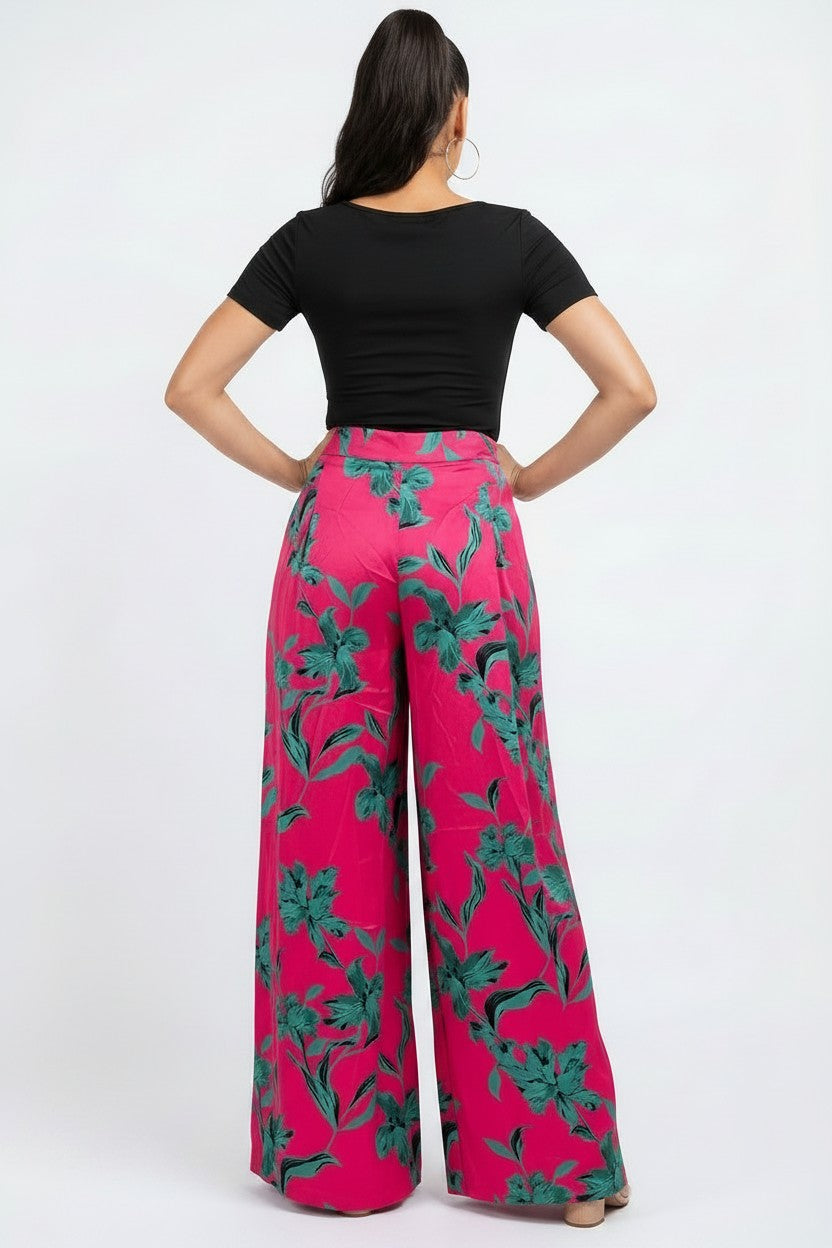 Women's Tropical Satin Wide‑Leg Pants | Fashion Jade Pants Fashion Jade