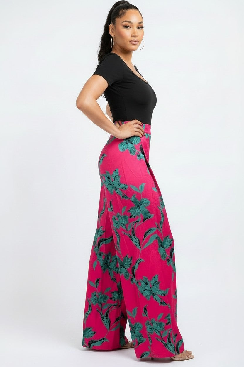 Women's Tropical Satin Wide‑Leg Pants | Fashion Jade Pants Fashion Jade X-Large Pink