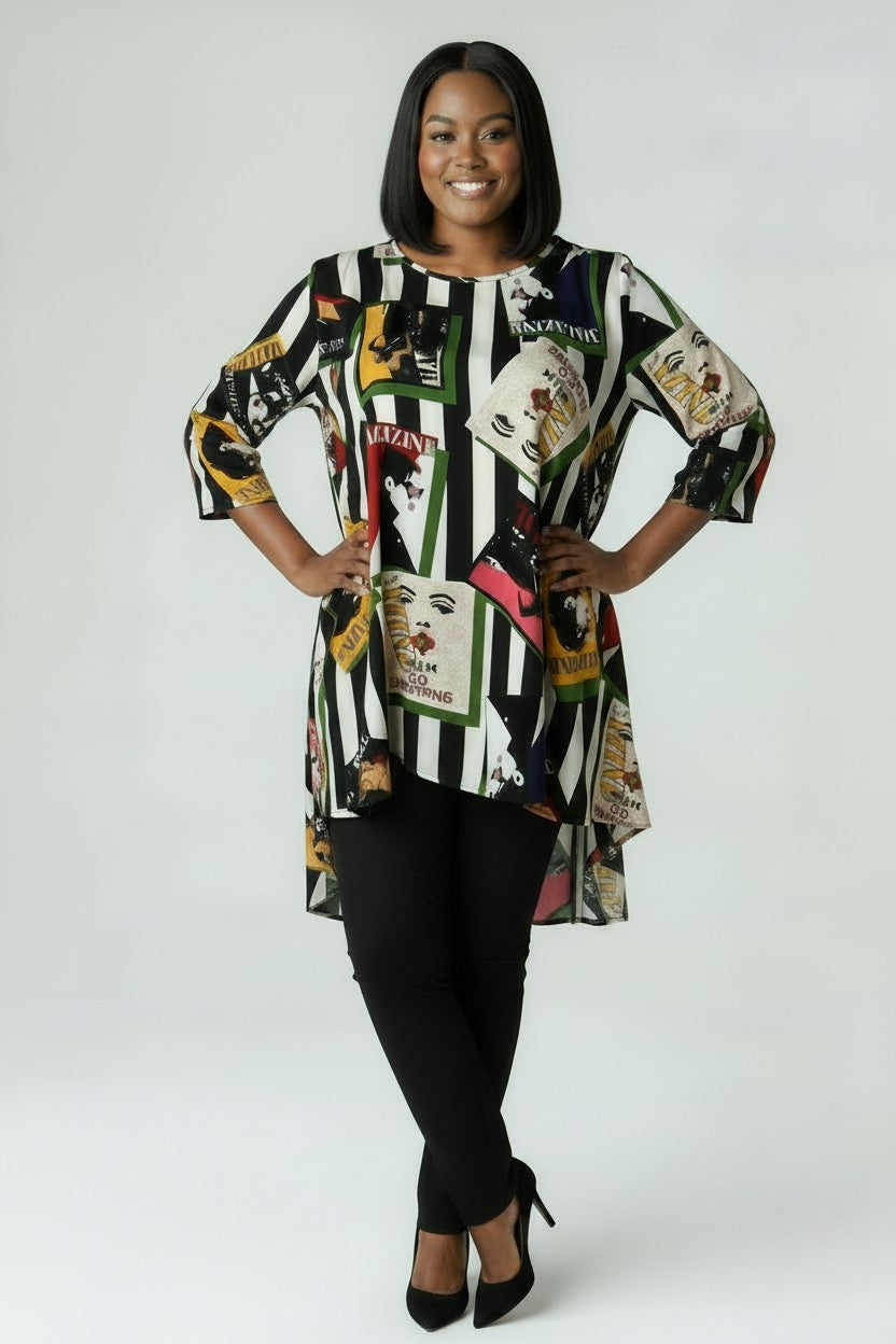 Women’s Plus Size Striped Magazine Print Tunic Top | Fashion Jade Shirts Fashion Jade Black X-Large