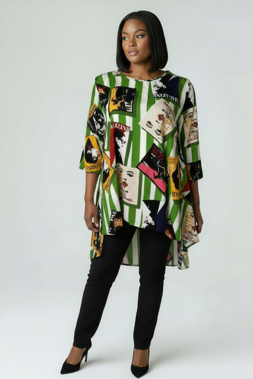Women’s Plus Size Striped Magazine Print Tunic Top | Fashion Jade Shirts Fashion Jade Green X-Large
