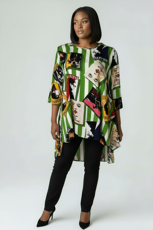 Women’s Plus Size Striped Magazine Print Tunic Top | Fashion Jade Shirts Fashion Jade Green X-Large