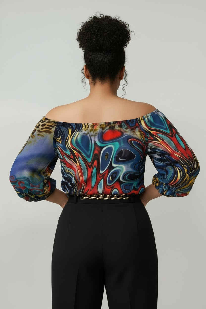Women’s Plus Size Off‑the‑Shoulder Abstract Print Blouse | Fashion Jade Shirts Fashion Jade