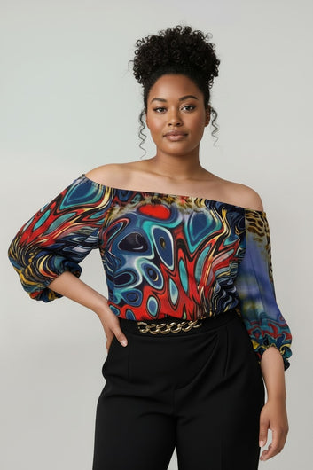 Women’s Plus Size Off‑the‑Shoulder Abstract Print Blouse | Fashion Jade Shirts Fashion Jade