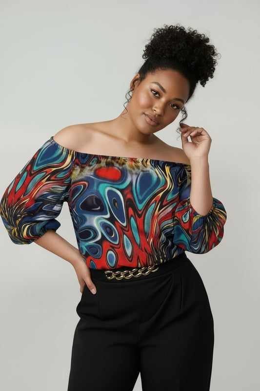 Women’s Plus Size Off‑the‑Shoulder Abstract Print Blouse | Fashion Jade Shirts Fashion Jade X-Large Multicolor