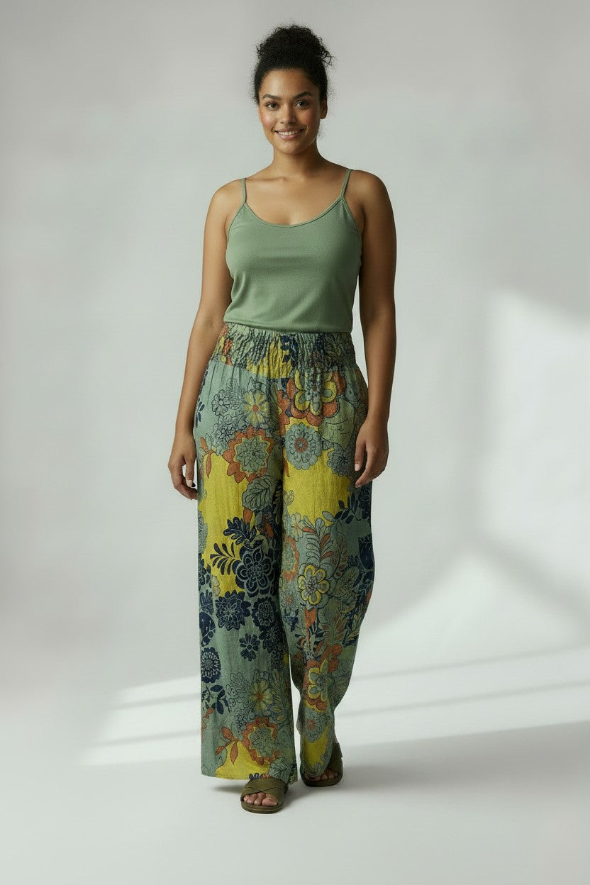Women's Printed Linen Wide‑Leg Pants – Effortless Comfort, Artistic Flair | Fashion Jade Pants Fashion Jade One Size Olive