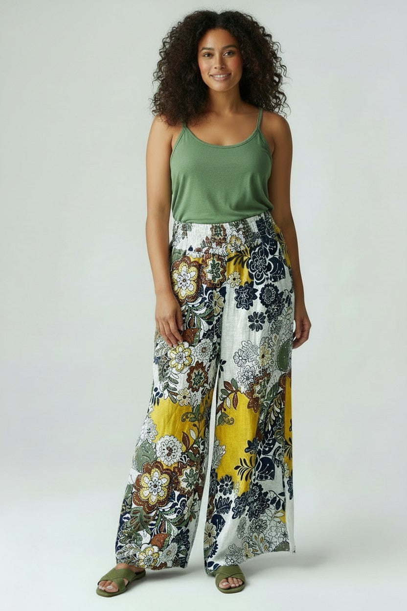 Women's Printed Linen Wide‑Leg Pants – Effortless Comfort, Artistic Flair | Fashion Jade Pants Fashion Jade One Size White