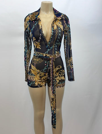Printed Long Sleeve Romper Shorts - Women's Playsuit | Fashion Jade Jumpsuits & Rompers Fashion Jade Small Chain Print
