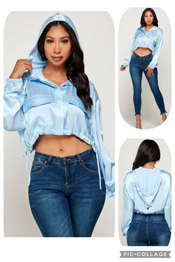 Women’s Satin Cropped Hoodie | Fashion Jade Jacket, Top, Hoodie Fashion Jade Small Blue