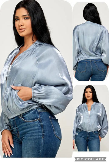 Satin Zip Up Jacket Jacket Fashion Jade Small Blue Grey