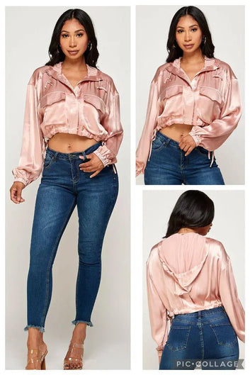 Women’s Satin Cropped Hoodie | Fashion Jade Jacket, Top, Hoodie Fashion Jade Small Rose Gold