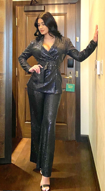Sequin Trouser Jacket Set Jumpsuit Fashion Jade