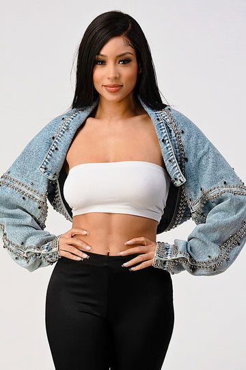 Beaded Open Front Crop Jacket Jacket Fashion Jade Small Blue
