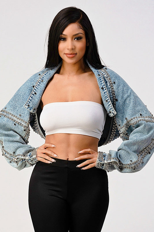 Beaded Open Front Crop Jacket