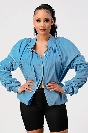 Women's Puff Shoulder Casual Double Layer Sleeve Jacket | Fashion Jade Jacket Fashion Jade Small Blue